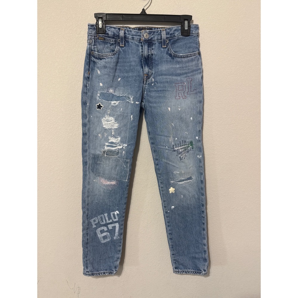 Polo Ralph Lauren Astor Slim Boyfriend Jeans Girls Size 12 Blue Distressed Patch